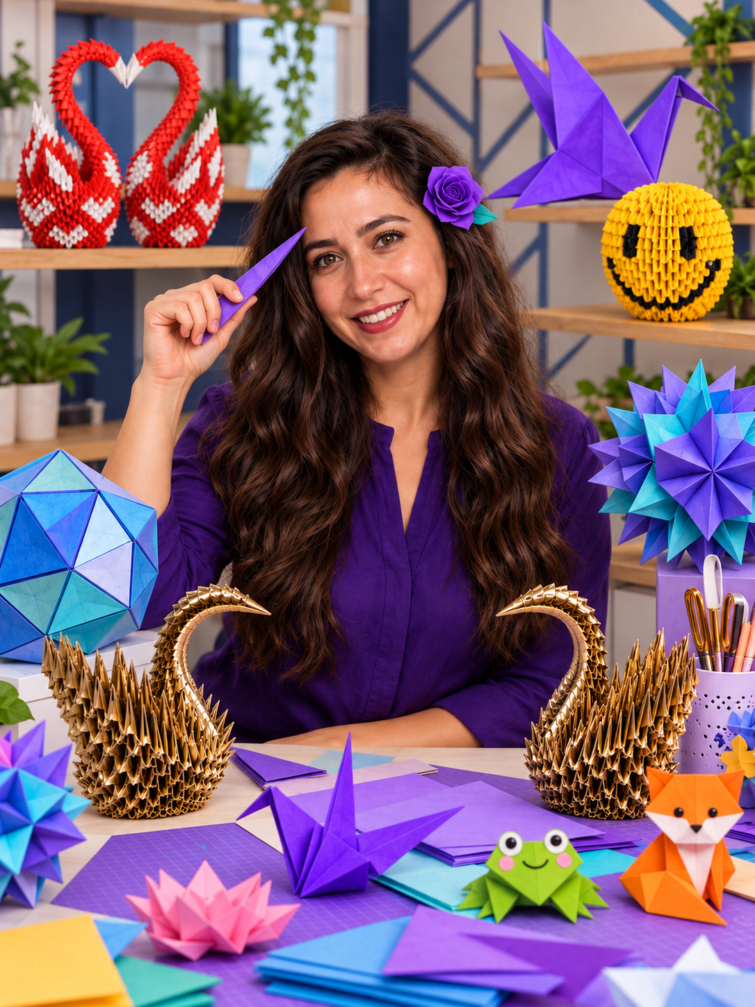 Origamees founder surrounded by colorful origami cranes, swans, a frog, a fox and paper stars